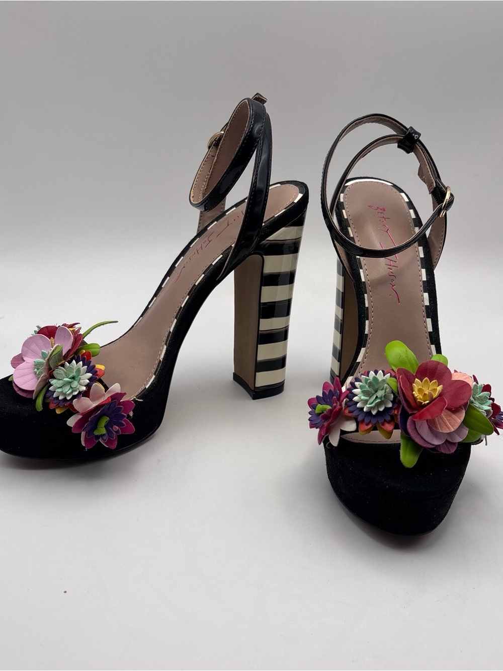 NWOB Betsey Johnson Carra Floral Striped Ankle Strap Heels Block Sandal Size 8